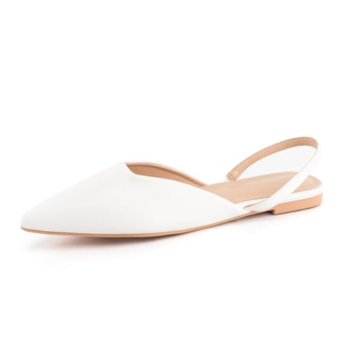 DREAMCIA Slingback White Flats for Women, Pointed-Toe Ballet Flats with Buckle Strap for Elegant Women，Classic Low Heel Dress Shoes for Casual Work Office Party（Size 6.5）