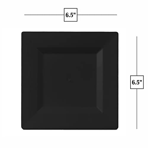 Bloomingoods Plastic Disposable Square Dessert Plates | 50-Pack 6.5 Inches Black Appetizer/Salad Square Plates | Ideal For Weddings, Parties, Catering | Heavy Duty & Non Toxic #TOP4