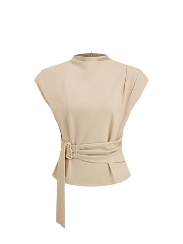 CIDER Women Tops Blouses Stand Neck Belted Short Sleeve Business T-Shirts