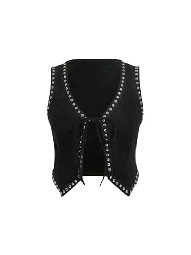 Verdusa Women's Western Cowgirl Vest Tie Front V Neck Grunge Asymmetrical Sleeveless Jacket Outerwear
