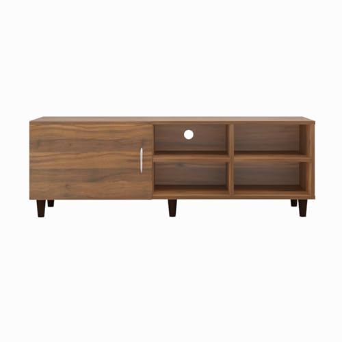 Image of VIKI Modern TV Unit for Living Room | Engineered Wood TV Cabinet with 1 Door Storage & 2 Open Shelves, Set Top Box Stand, Entertainment Unit, 140W x 48H x 40D cm | DIY | 1 Year Warranty (Walnut)