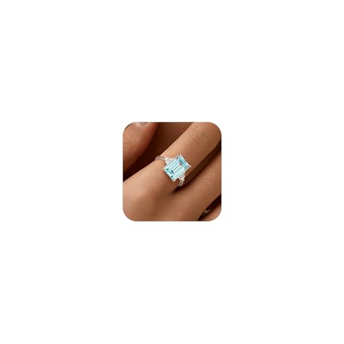 LOVECOM Sea Blue Topaz Engagement Ring 925 Sterling Silver Square Cut Aquamarine Ring March Birthstone Promise Ring for Her CZ Cubic Zirconia Wedding Ring Jewelry Birthday Gift for Mom