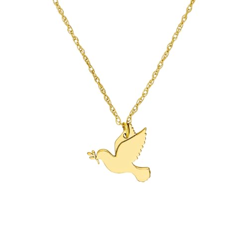 JEWELHEART 14K Solid Gold Charm Necklace - Holy Spirit Peace Dove Pendant Necklace For Women - Small Dainty Protection Necklace - Adjustable Chain 16