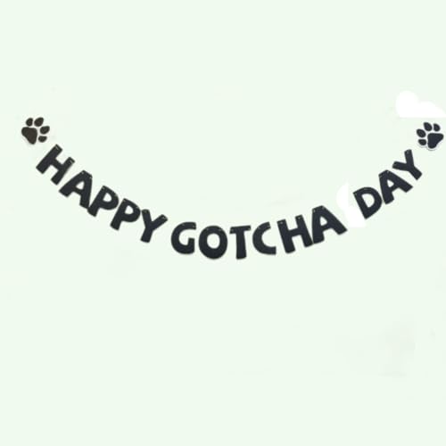 Happy Gotcha Day Banner Black Glitter Pre-Strung Dog Cat Pet Party Decorations Supplies Dog Cat Gotcha Party Bunting Garland (Black)