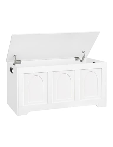 DINZI LVJ Storage Chest 39.4 Wooden Toy Box with 2 Safety Hinges Entryway Shoe Bench with Flip-Top Sturdy Large Storage Trunk for Living Room Bedroom Playroom Easy Assembly White