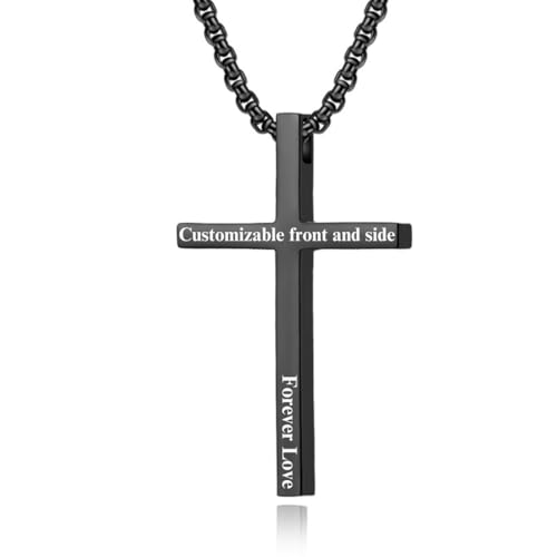 EBAT Personalized Stainless Steel Black Cross Necklace for Men - Custom Engraving Available