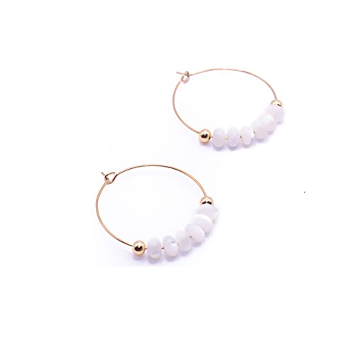 ZARZAMORA Pendientes Aros de Acero Inoxidable con Cuentas de Nácar -Aros de 30mm livianos Dorados Elegantes Piedras Engarzadas Curativas Energéticas-Regalo Original