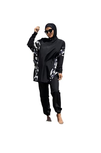Huma & Hazel - Fully Covered Modest Black Swimsuits Patterned Style Burkini Swimwear 3 Pieces - Made in Turkey