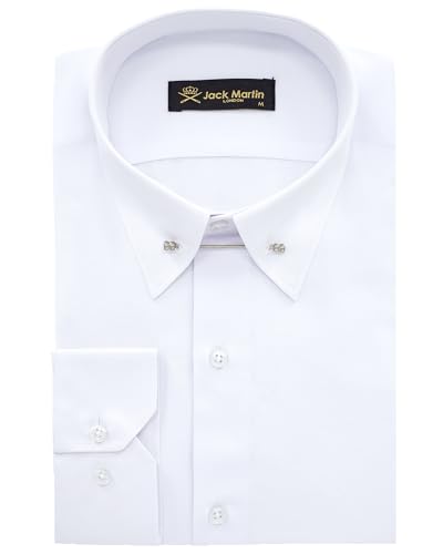 Jack Martin London White Pin Collar Formal Shirts for Adult Men | Mens Long Sleeve Dress Shirt with Collar Bar (White Oxford,L)