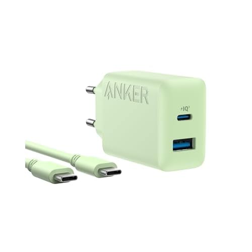 Anker Caricatore iPhone 20W USB C, rapido da parete compatibile con iPhone 17 Pro Max Air/16/15, iPad e altro (con cavo USB C da 150 cm) 1 pack verde