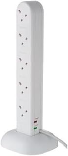 Modaleo - Tower Extension Lead 10 Way with Surge Protection, 10 Gang Multi Plug Extension Lead Tower With UK Socket and 2m Black, white Extension Lead (10-way gang tower 2m White)