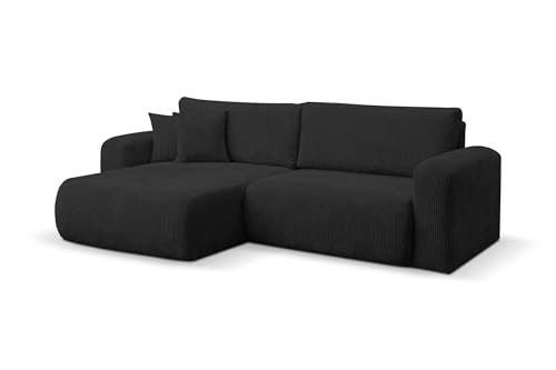 VENASI MÖBEL Canapé d'angle Roma en forme de L avec coffre de rangement et coffre de lit, couleur noir, tissu côtelé, ottoman universel