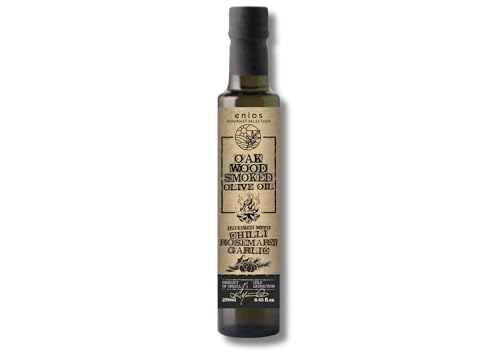 Enios Oak Smoked Extra Virgin Olive Oil infused with Garlic, Rosemary & Chilli 250ml. Non-GMO & Gluten-free. No preservatives, no additives.