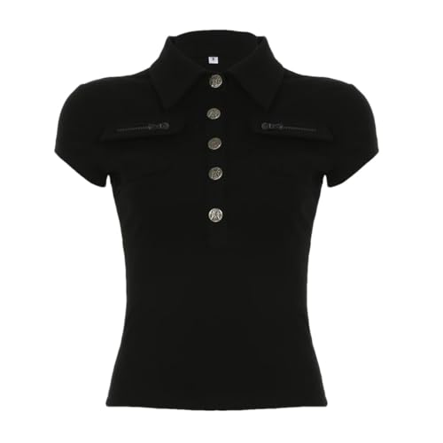 Polo femme noir coupe ajustée taille S vêtement col boutons en métal chic
