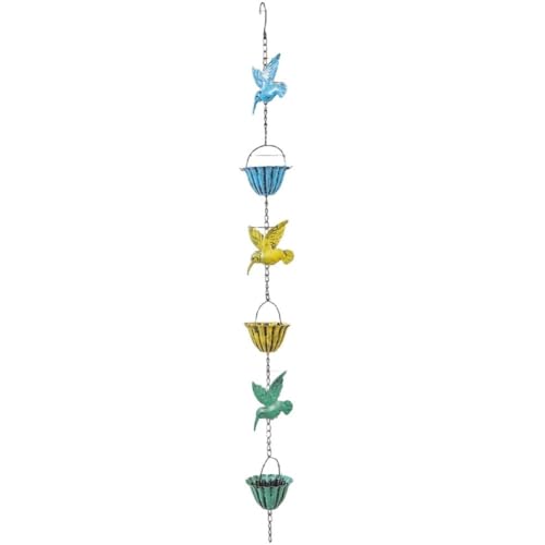 Lawnoval Catena della pioggia da 2,4 m con colibrì e decorazione floreale, in metallo, regolabile, per grondaie, decorazione da giardino all'aperto, blu