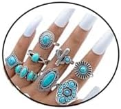 PINK TOWN Vintage Turquoise Ring Set for Women,Bohemian Colorful Joint Knuckle Ring Chunky Oval Gemstone Stackable Rings Crystal Midi Finger Rings Country Concert Outfits Accessorie image 5