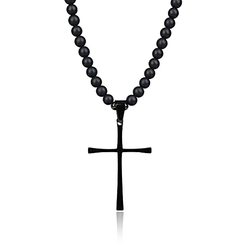 COAI Men's Cross Necklace Black Stone Necklace Onyx Beaded Necklace for Men