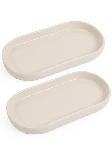 INGOFIN Juego de 2 bandejas de cerámica para tocador de baño de 7 pulgadas, bandeja organizadora de encimera para perfume, joyas, bandeja de jabón pequeña para encimera de cocina, bandeja decorativa