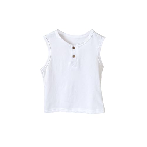 Girls Cotton Plain Tank Tops Casual Button Crew Neck Solid Basic Tees Loose Sleeveless T-Shirts Cute Summer Top