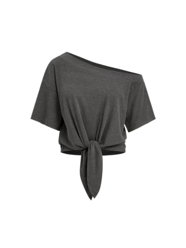 CIDER Women Asymmetrical Neck Off Shoulder Knotted Oversized Tee Short Sleeve Casual T-Shirt