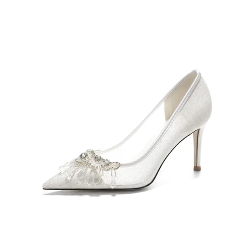 Escarpins blancs de mariage HD180-14 à talons aiguilles et cristaux pour femme