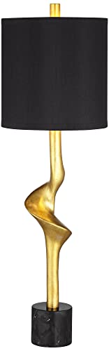 Possini Euro Design Minerva Modern Table Lamp 32" Tall Gold Leaf Sculpture Black Drum Shade For Living Room Bedroom House Bedside Nightstand Home Office Entryway Family #TOP1