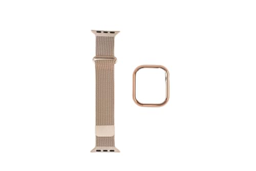 , SOLOLUP Milanese Loop+2Pcs Schutzhülle für Apple Watch Armband Series 11 10 9 8 7 6 5 4 3 SE 3/2,Edelstahl Milanaise Magnetic Band für iWatch 38/40/41/42 mm-S 11/10，41mm PC Hülle(No Screen) Gold
