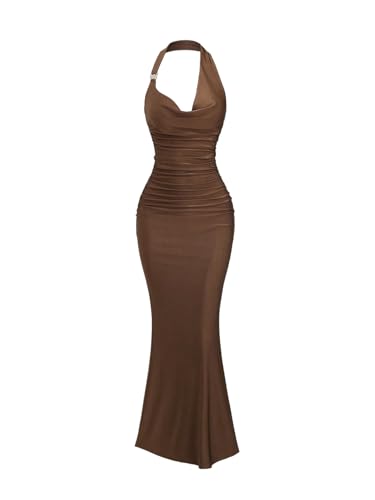 SweatyRocks Kleid Damen Lang Maxikleid Elegant Neckholder Kleid Figurbetont Partykleid Rückenfreie Kleider Bodycon Bleistiftkleid mit Fishtail Braun...