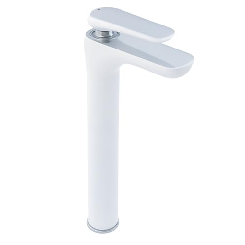 Firth - Grifo monomando alto para lavabo blanco y cromado, grifo de baño alto moderno, mezclador monomando para lavabos de encimera