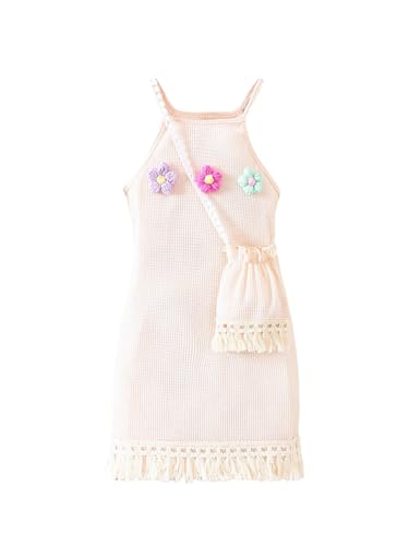 GORGLITTER Girl's Flower Crochet Bodycon Dress Summer Cute Beach Hawaii Vacation Sleeveless Fringe Mini Dress with Bag