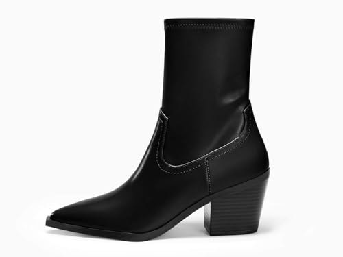 Coutgo Womens Pointed Toe Ankle Boots Chunky Stacked Heel Side Zipper Leather Fall Booties Shoes4