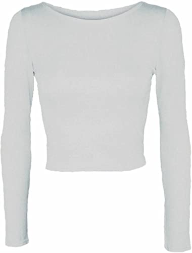 Womens Crop Long Sleeve T Shirt Ladies Short Plain Round Neck Top Ladies Fitness Workout Running T Shirts Plain Cropped Tops (White UK 8-10)