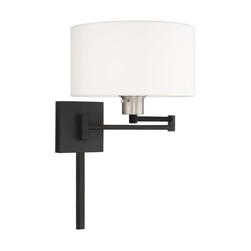Image of Livex Lighting 40036-04 1-Light Swing Arm Wall Light, Black | Off-White Fabric Shade
