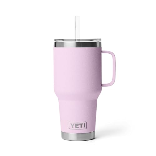 Image of YETI Rambler 35 oz Tumbler with Handle and Straw Lid, Travel Mug Water Tumbler, Vacuum Insulated Cup with Handle, Stainless Steel, Cherry Blossom - Textured