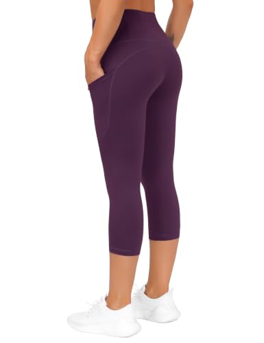 Image of THE GYM PEOPLE Thick High Waist Capris Yoga Pants with Pockets, Tummy Control Workout Running Yoga Leggings for Women