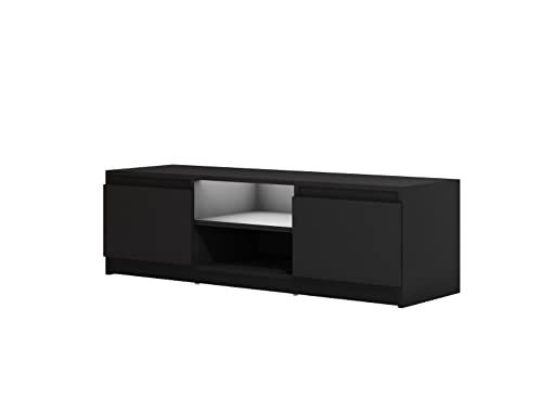 MINIO go for it - Armoire TV Dingo I Lowboard, Téléviseur I Commode TV I TV Lowboard Debout I 120cm I avec 2 Portes Abattantes & 2 Compartiments Ouverts I Noir Graphite - avec LED