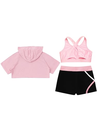 easyforever Kids Girls Sport Outfits Short Sleeve Crop Hooded With Tank Top And Booty Short Set Activewear3