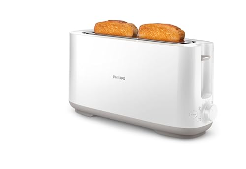 Philips Toaster - Long Compartment, 8 Settings, Heating Rack, Defrosting Function, Cool Housing, Lift Function, Auto Shutdown, White (HD2590/00)