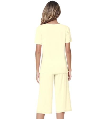 Image of NACHILA Pajamas for Women-Viscose Made from Bamboo,Satin Crew Neck Pajama Sets Short Sleeve Pjs with Capri Pants