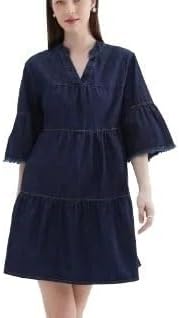 Womens Tiered Denim Dress V-Neck Flowy Loose Fit Casual Jean for Daily Errands Weekend Plans