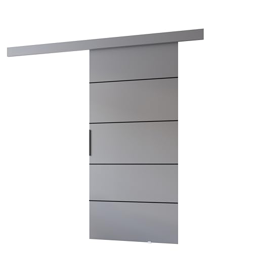 MINIO go for it - Schiebetüren 106 cm, Schiebetür Zimmertür PRIM 2K, Schiebetürsystem, Wandmontage, Türe Innen - Dekorleiste in Sonoma Eiche, Oberblende, Türgriff in Schwarz, Grau/Schwarz