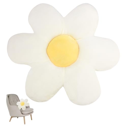 Syvory Cojín de suelo con flores, cojín de tatami en forma de flor, decoración de felpa estética para decoración del hogar, salón, dormitorio, habitación de los niños (blanco y amarillo)