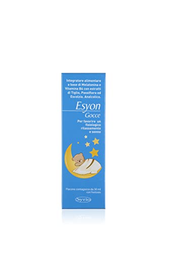 Syrio Integratori Alimentari, Esyon gocce Baby, Integratore di Melatonina e Vitamina B6 con estratti di Tiglio, Passiflora ed Escolzia per il Rilassamento ed il Sonno, flacone gocce 30ml