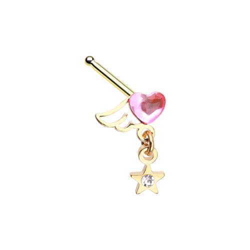 20GA Gold Plated Stainless Steel Crystal Winged Pink Heart with Dangling Star Nose Bone Stud