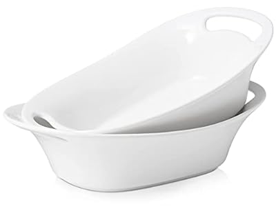 DOWAN Large Serving Bowls with Handles, 2 Quarts Oval Serving Platter for Turkey, Fruit Salad Serving Dishes for Entertaining, Porcelain Pasta Bowls for Mother's Day, Parties, Set of 2, White