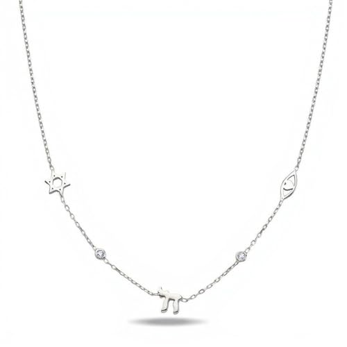 Alef Bet by Paula Sterling Silver Charm Necklace Dainty With Chai Evil Eye Jewish Star and Heart with Cz Gemstones for Daily Wear Teen to Adults