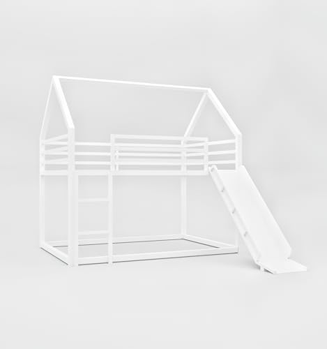 Image of Kids Bunk Bed with Slide & Ladder - House Shaped Twin Over Twin Bed Frame for Boys & Girls | Metal Low Loft Bunk for Toddlers & Children | Modern White Playhouse Bed for Kids Room