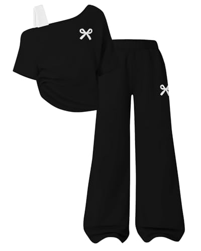 Image of Teen Girls Clothes Off the Shoulder Top and Wide Leg Pants Matching Outfit Set with Pockets Size 7-16