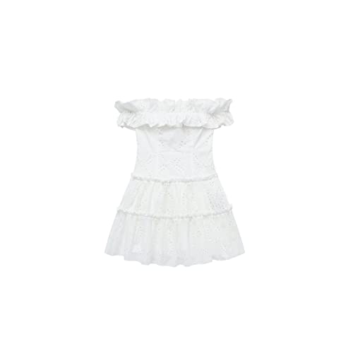 IJNHYTG Te Hace más Exquisito Vestido Blanco for Mujer, Vestido con Hombros Descubiertos, Vestidos Cortos Bordados recortados for Mujer, Vestidos de Vacaciones de Verano (Size : XS)