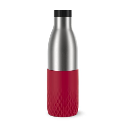Emsa Bludrop Sleeve Isolier-Trinkflasche, 0,7 Liter, 100% dicht, Quick-Press Verschluss, Ergonomischer 360° Trinkgenuss,12h warm, 24h kühl, spülmaschinenfest, Edelstahl, Dunkelrot, N31128